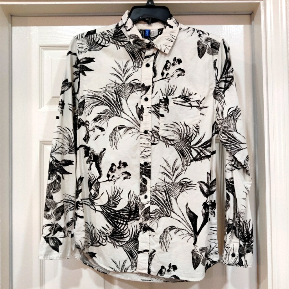 Floral White Black Art Button Down Casual Shirt